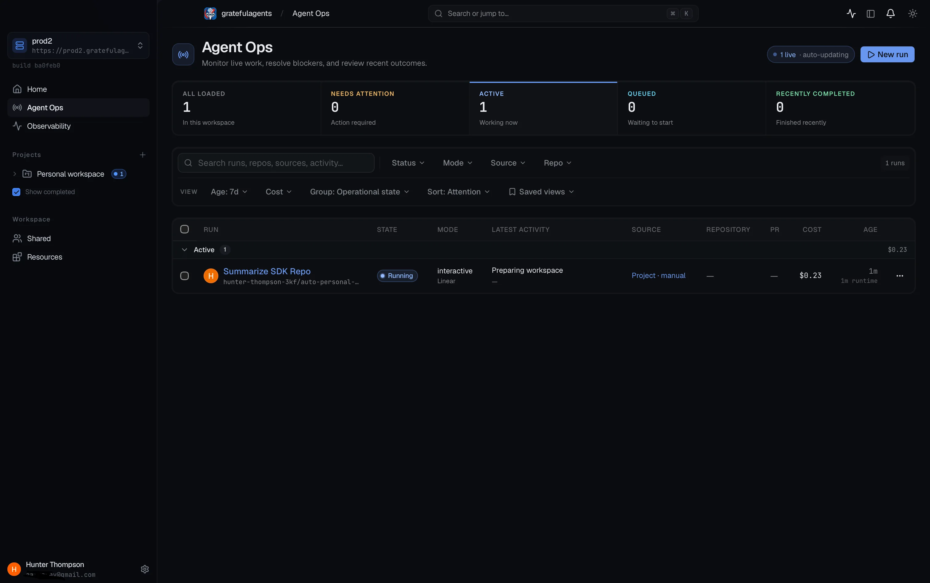 Agent Ops board listing live runs with state, mode, latest activity, cost, and age columns