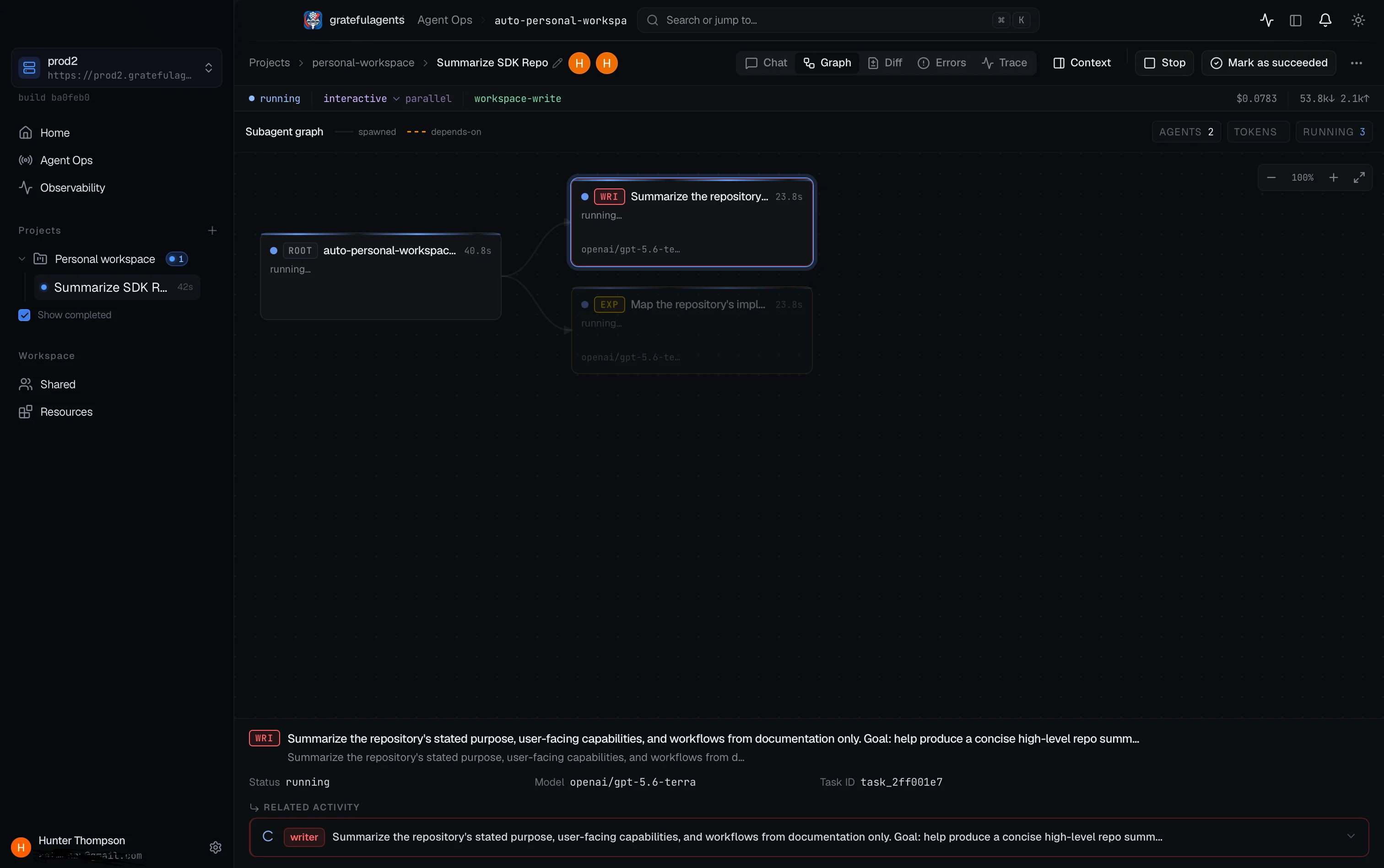Subagent graph view showing a root run spawning writer and explore subagents with live status