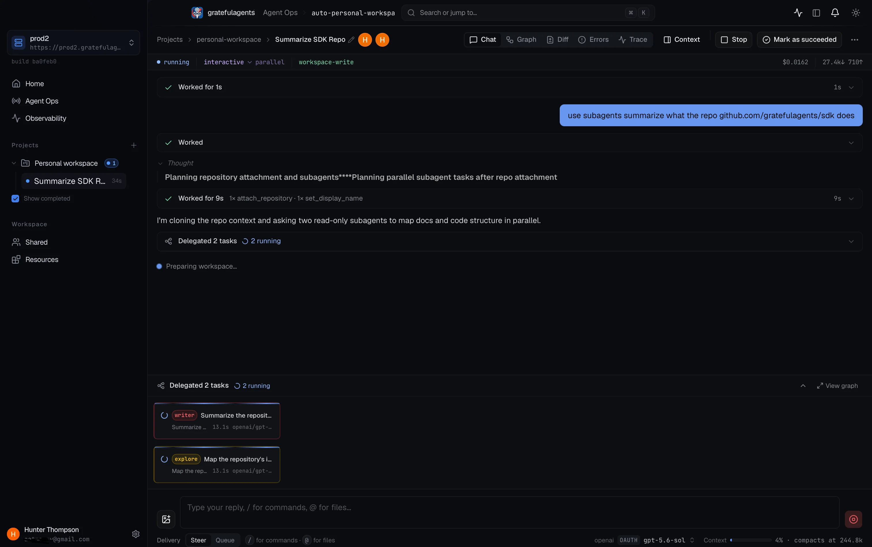 Desktop run view with chat, steering, and a subagent dependency graph