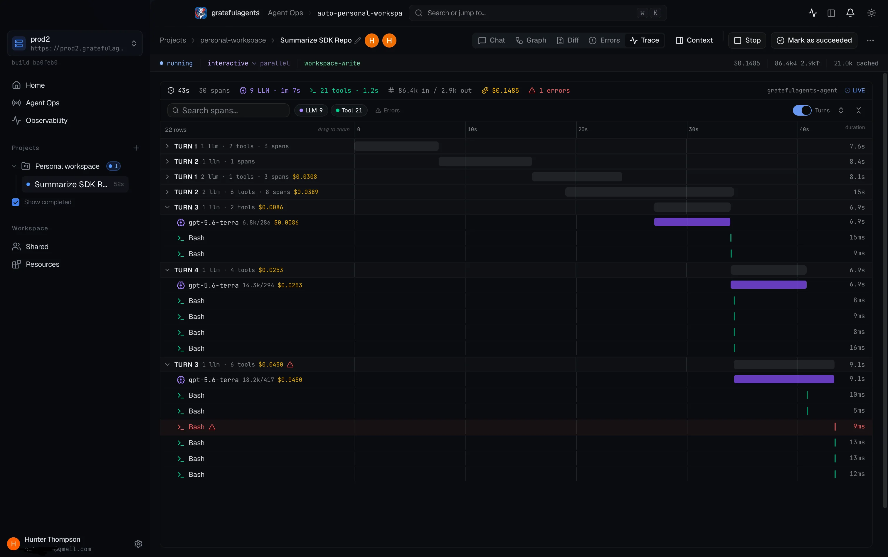 Trace timeline of a run showing per-turn LLM calls, WebFetch tool spans, durations, and costs
